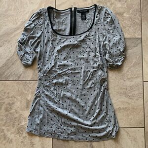 Ruched polka dot top with zip back | stretchy cotton, tunic length